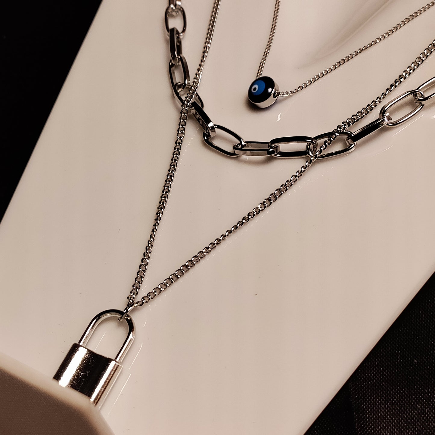 TJS Silver Plated Lock and Evil Eye 3 Layered Chain Pendant