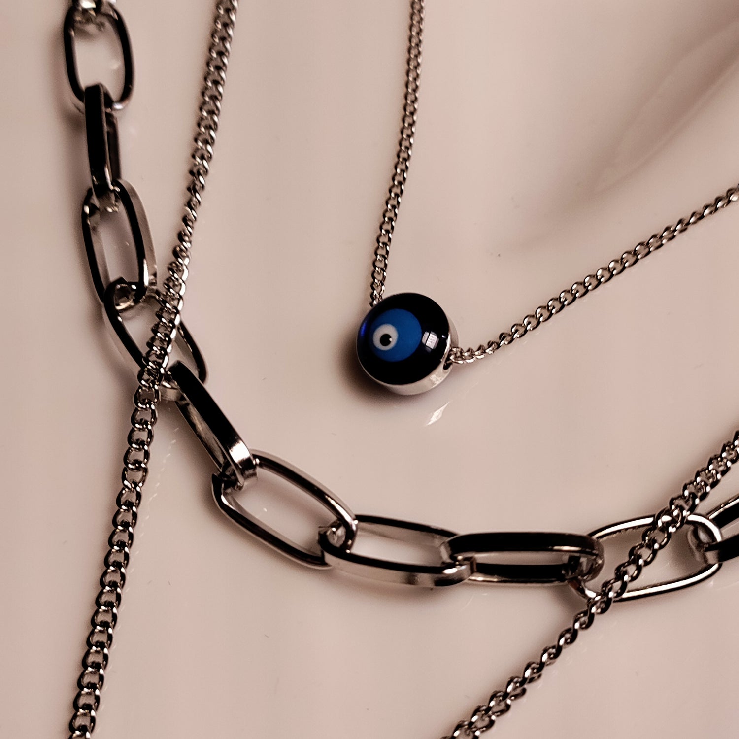 TJS Silver Plated Lock and Evil Eye 3 Layered Chain Pendant